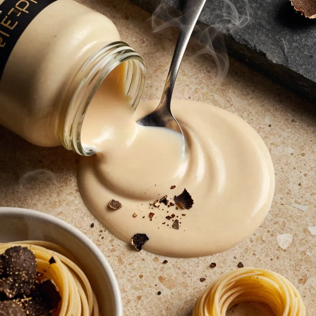 Vista cenital de crema balsámica con trufa, pasta, virutas de trufa y cuenco cerámico claro.