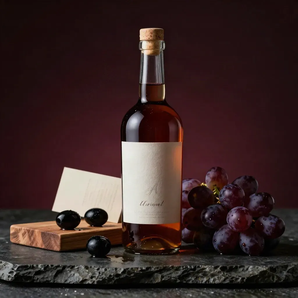 Botella de vinagre de Jerez con corcho, olivas, uvas y tabla de cedro sobre piedra oscura