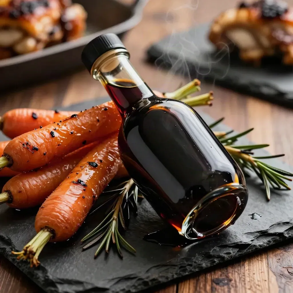 Botella de glaseado oscuro con zanahorias asadas y pollo glaseado sobre piedra.