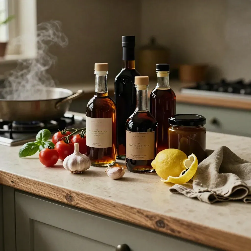Botellas y tarros de vinagre balsámico con ajo, tomates, albahaca, limón y lino en cocina mediterránea.