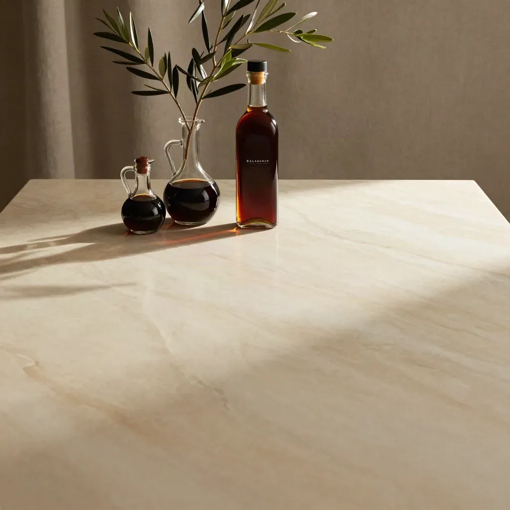 Mesa de mármol crema con ramas de olivo y botellas de vinagre balsámico desenfocadas arriba.